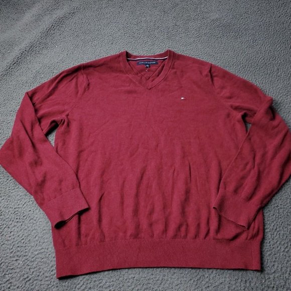 Tommy Hilfiger V Neck Sweater Burgundy Mens XL - Picture 1 of 6